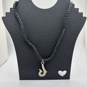 Black Beaded Necklace with Silver J Pendant